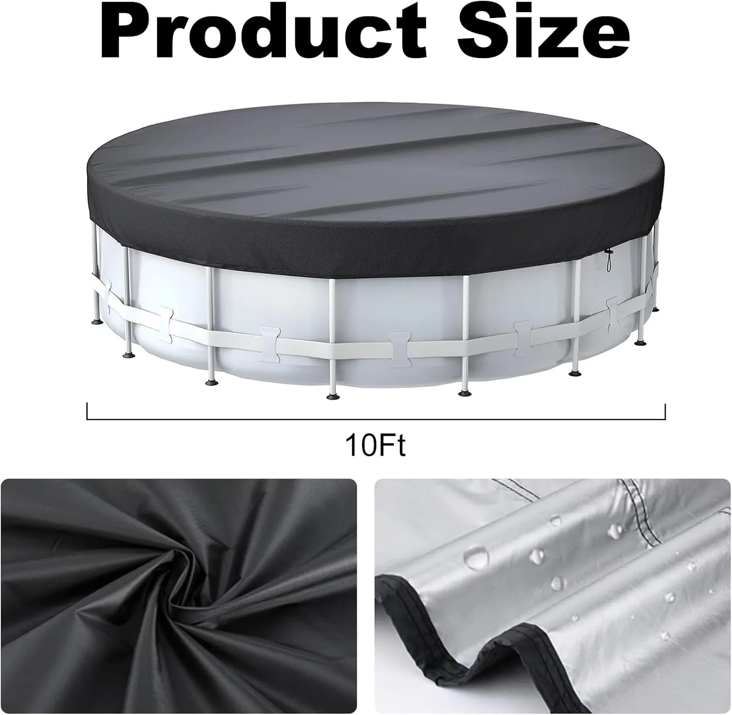 10 Ft Round Pool Cover,Swimming Pool Cover for Above Ground Pools,Inflatable Pool Cover with Pool Accessories,Solar Cover Including Drawstring Design,Tarp Ideal for Waterproof and Dustproof (Black)