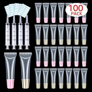 100 PACK 10ml Lip Gloss Tubes with 50 x Pink Caps   50 x Gold Caps