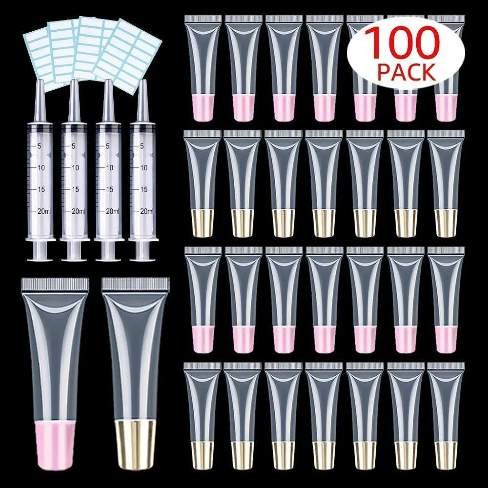 100 PACK 10ml Lip Gloss Tubes with 50 x Pink Caps   50 x Gold Caps