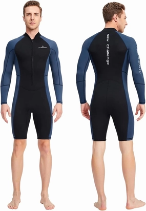 1.5mm Neoprene Shorty Mens Wetsuit UV-Proof Front Zip Lycra Long Sleeves Diving Suit for Underwater Snorkeling Swimming Surfing,A,3XL