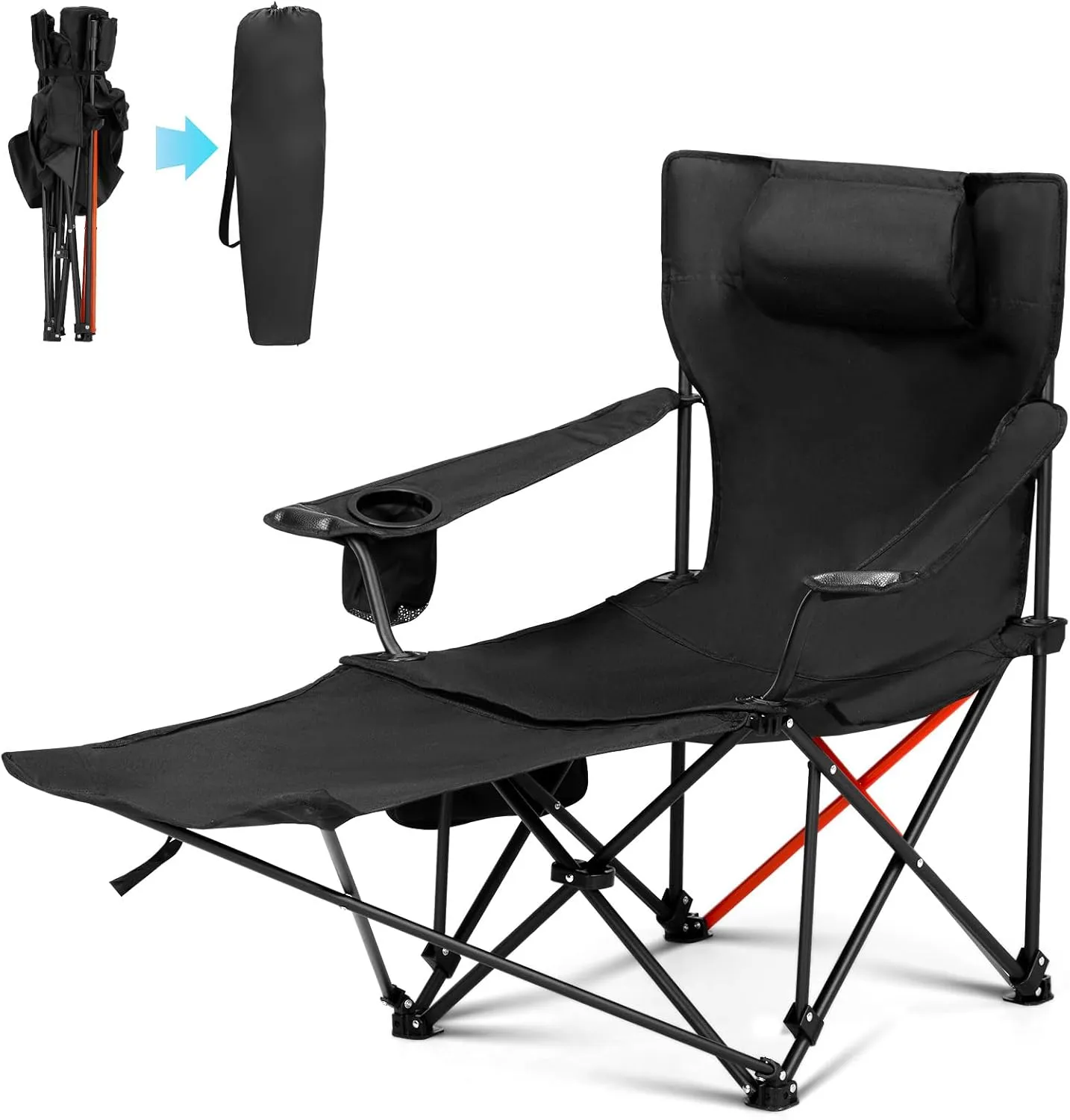 2-in-1 Adjustable Camping Chair with Removable Footrest, 600d Oxford Steel Frame Recliner for Beach/Lawn/Camping, 264lbs Capacity & Cup Holder (32.3" l X 40.2" w)