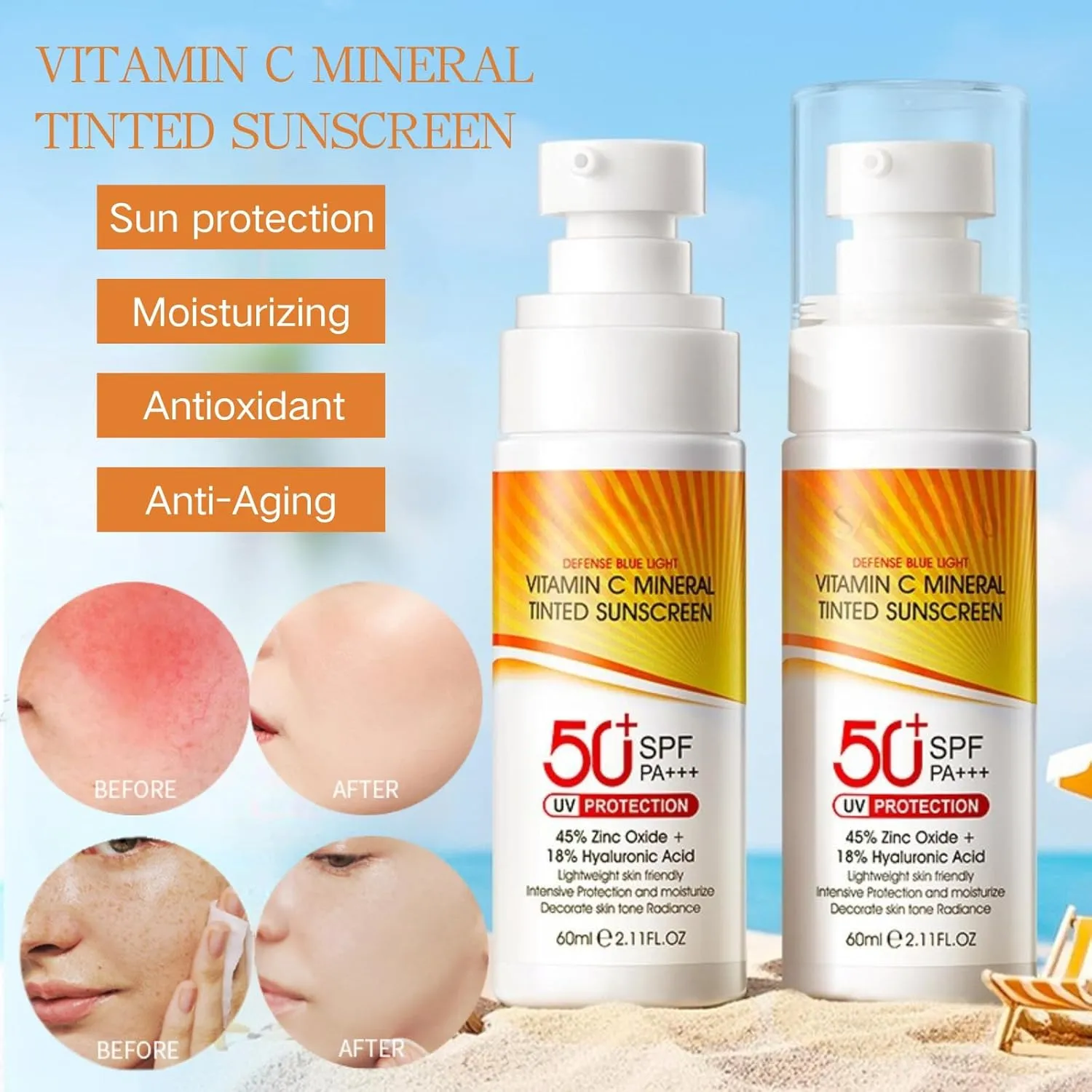 2 Pcs Tinted Mineral Sunscreen for Face - Tinted Moisturizer with SPF 50  with Zinc Oxide - Face Sunscreen for Women Men - Fa ce Sun screen Lotion with Hyaluronic Acid & Vitamin C, Water & Sweat Proof