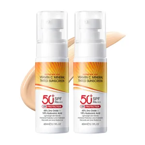 2 Pcs Tinted Mineral Sunscreen for Face - Tinted Moisturizer with SPF 50  with Zinc Oxide - Face Sunscreen for Women Men - Fa ce Sun screen Lotion with Hyaluronic Acid & Vitamin C, Water & Sweat Proof