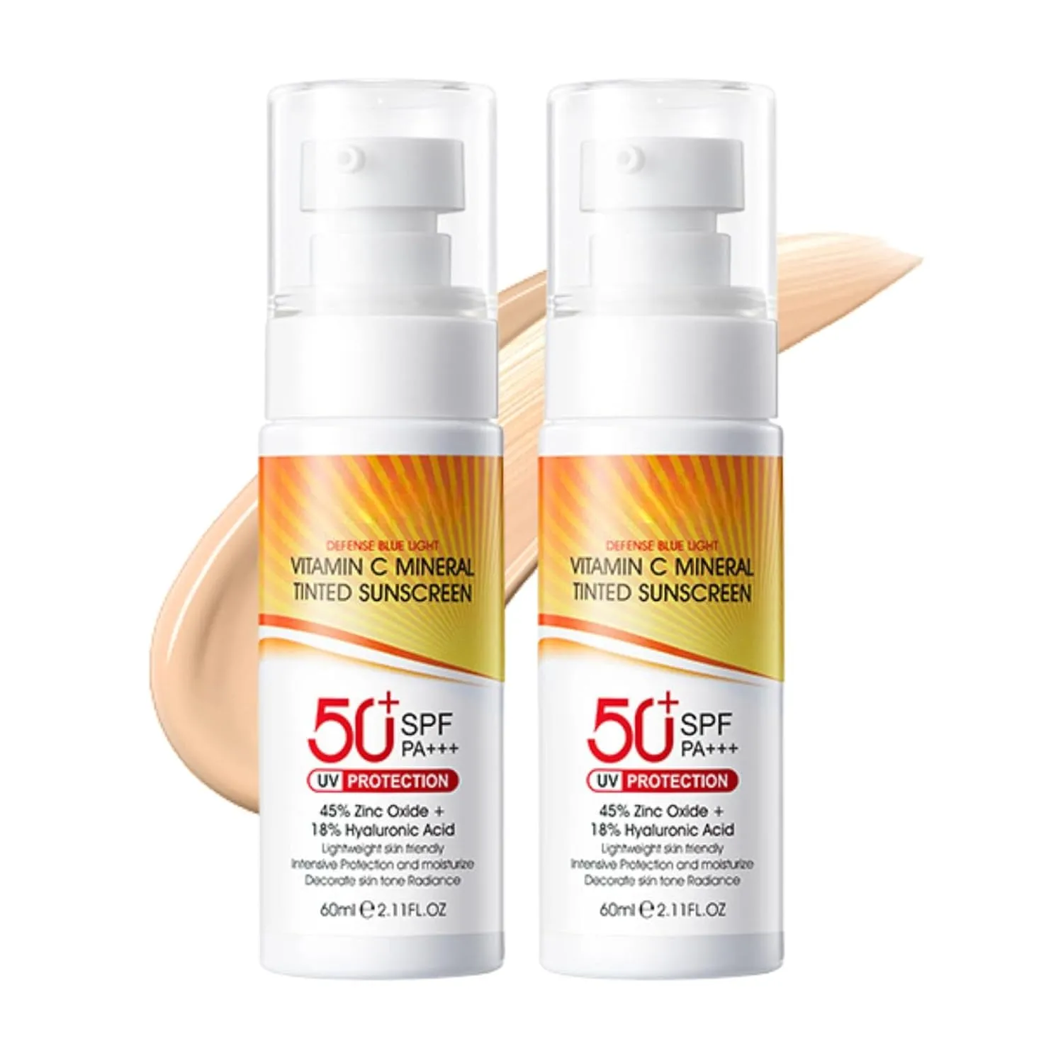 2 Pcs Tinted Mineral Sunscreen for Face - Tinted Moisturizer with SPF 50  with Zinc Oxide - Face Sunscreen for Women Men - Fa ce Sun screen Lotion with Hyaluronic Acid & Vitamin C, Water & Sweat Proof