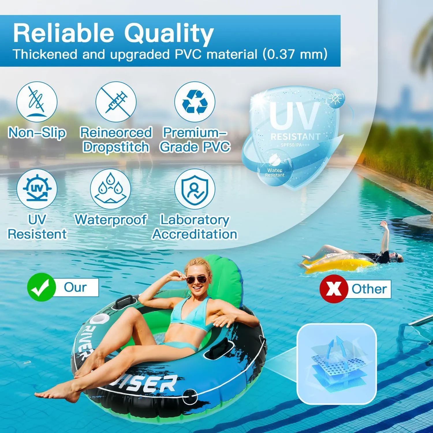 2025 Upgrade River Tube Floats for Adults Heavy Duty Pool Floats Inflatable Water Tube with Cup Holeder, Drink Cooler and Mesh Bottom Backrest (2 Pack Single/Double)