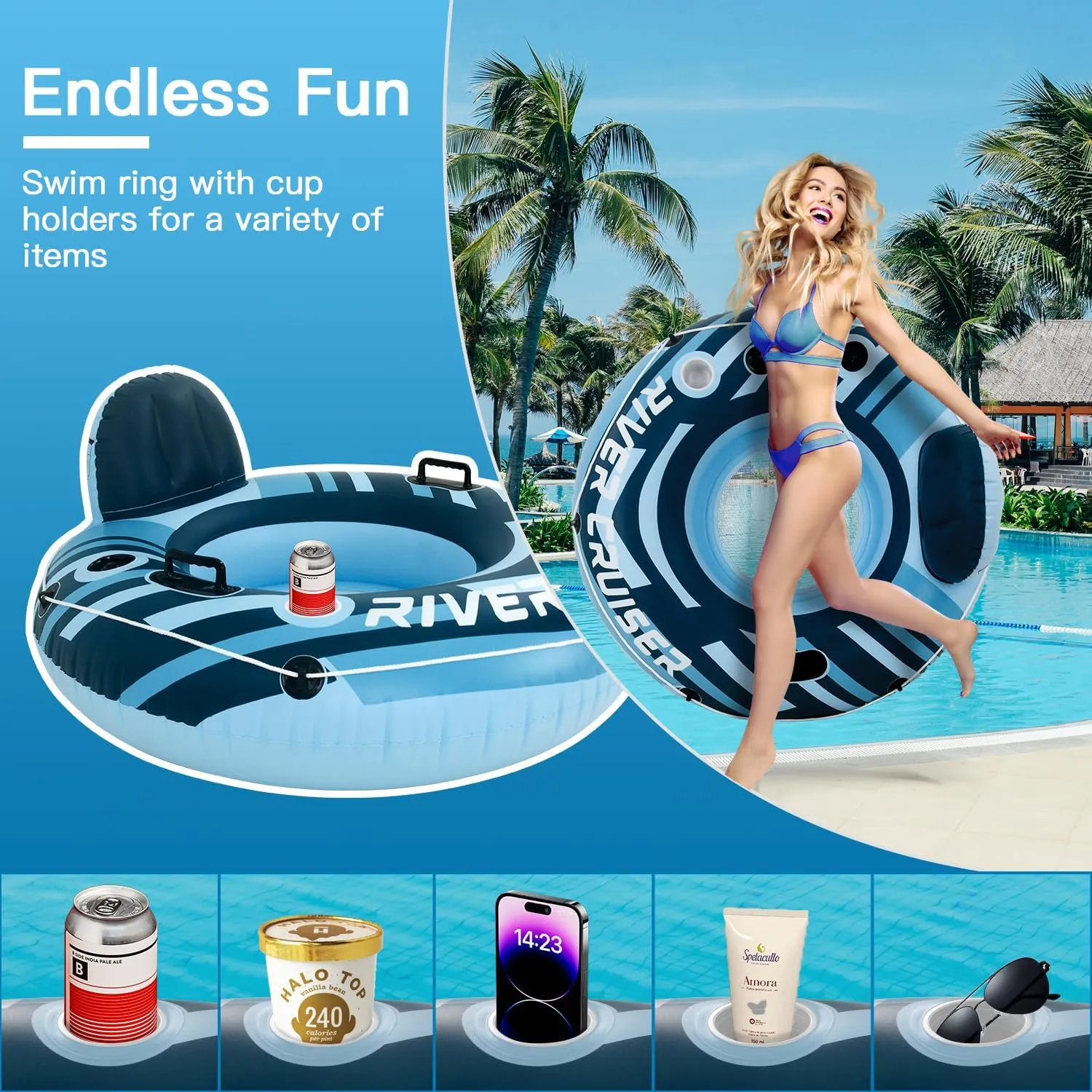 2025 Upgrade River Tube Floats for Adults Heavy Duty Pool Floats Inflatable Water Tube with Cup Holeder, Drink Cooler and Mesh Bottom Backrest (2 Pack Single/Double)
