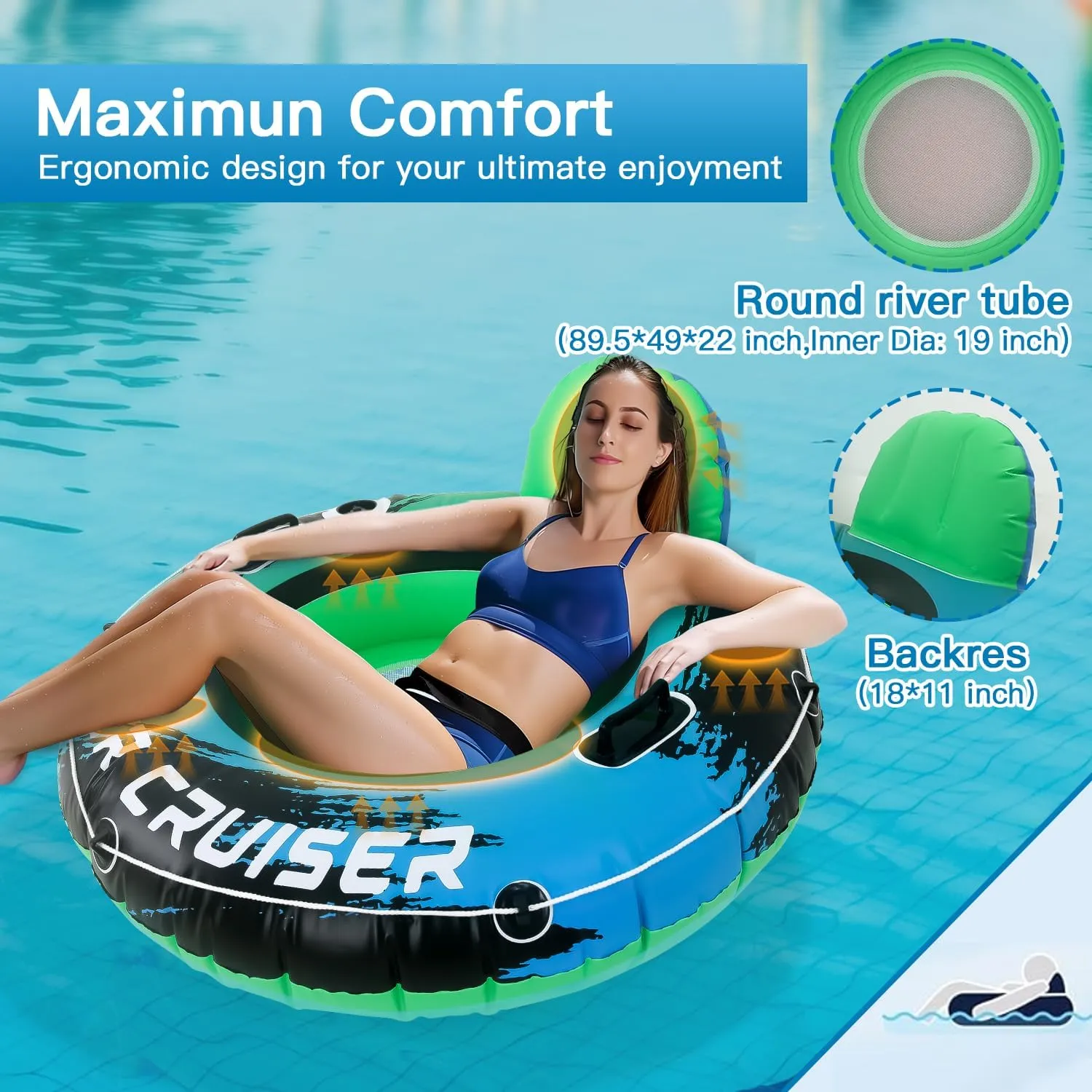 2025 Upgrade River Tube Floats for Adults Heavy Duty Pool Floats Inflatable Water Tube with Cup Holeder, Drink Cooler and Mesh Bottom Backrest (2 Pack Single/Double)