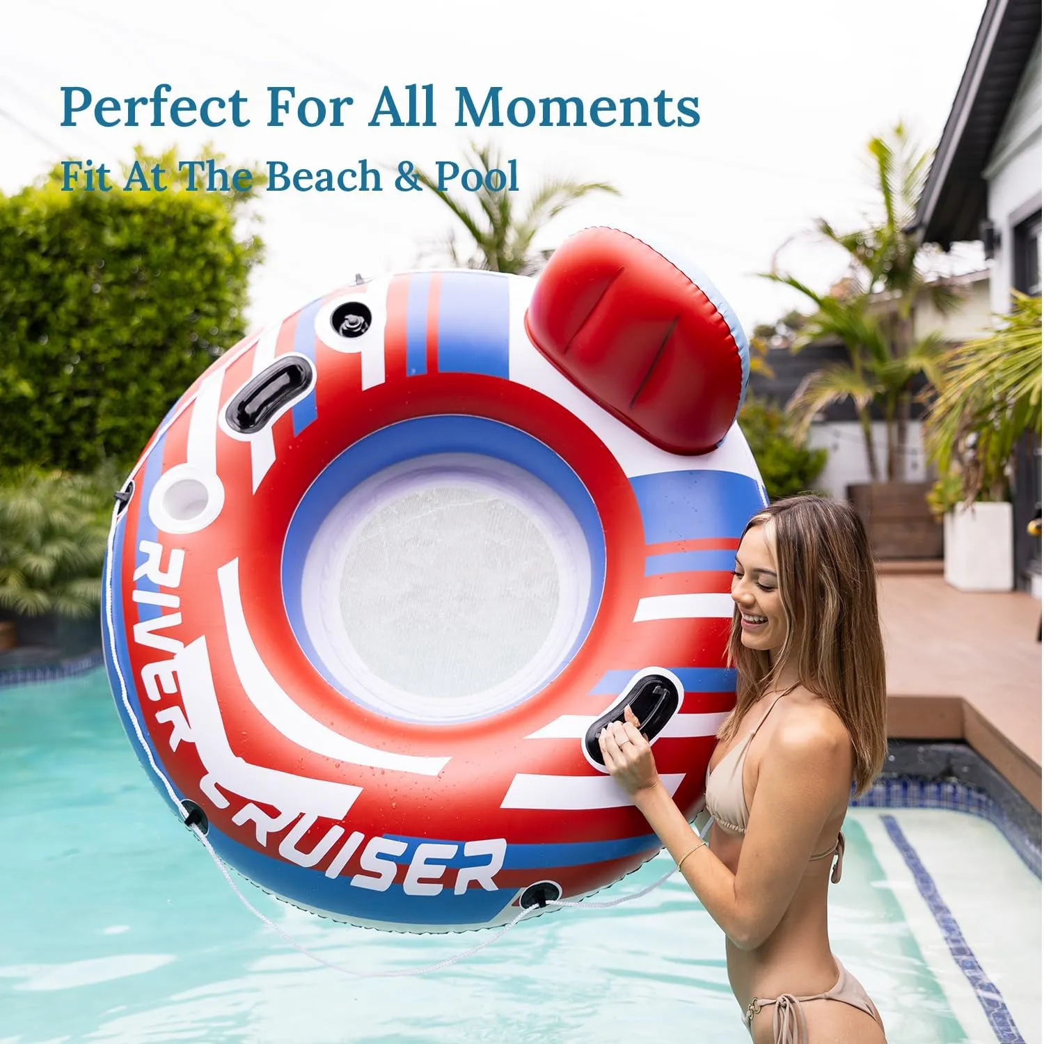 2025 Upgrade River Tube Floats for Adults Heavy Duty Pool Floats Inflatable Water Tube with Cup Holeder, Drink Cooler and Mesh Bottom Backrest (2 Pack Single/Double)