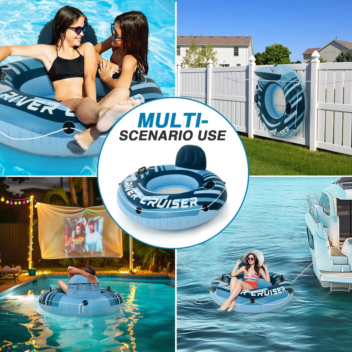 2025 Upgrade River Tube Floats for Adults Heavy Duty Pool Floats Inflatable Water Tube with Cup Holeder, Drink Cooler and Mesh Bottom Backrest (2 Pack Single/Double)