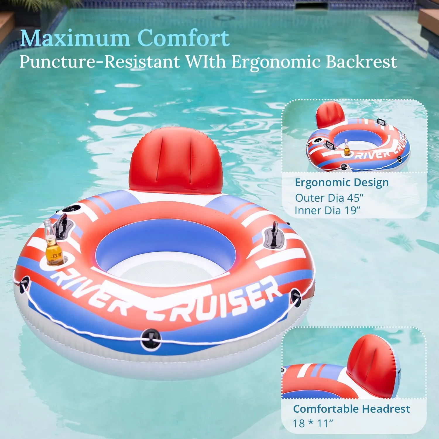 2025 Upgrade River Tube Floats for Adults Heavy Duty Pool Floats Inflatable Water Tube with Cup Holeder, Drink Cooler and Mesh Bottom Backrest (2 Pack Single/Double)