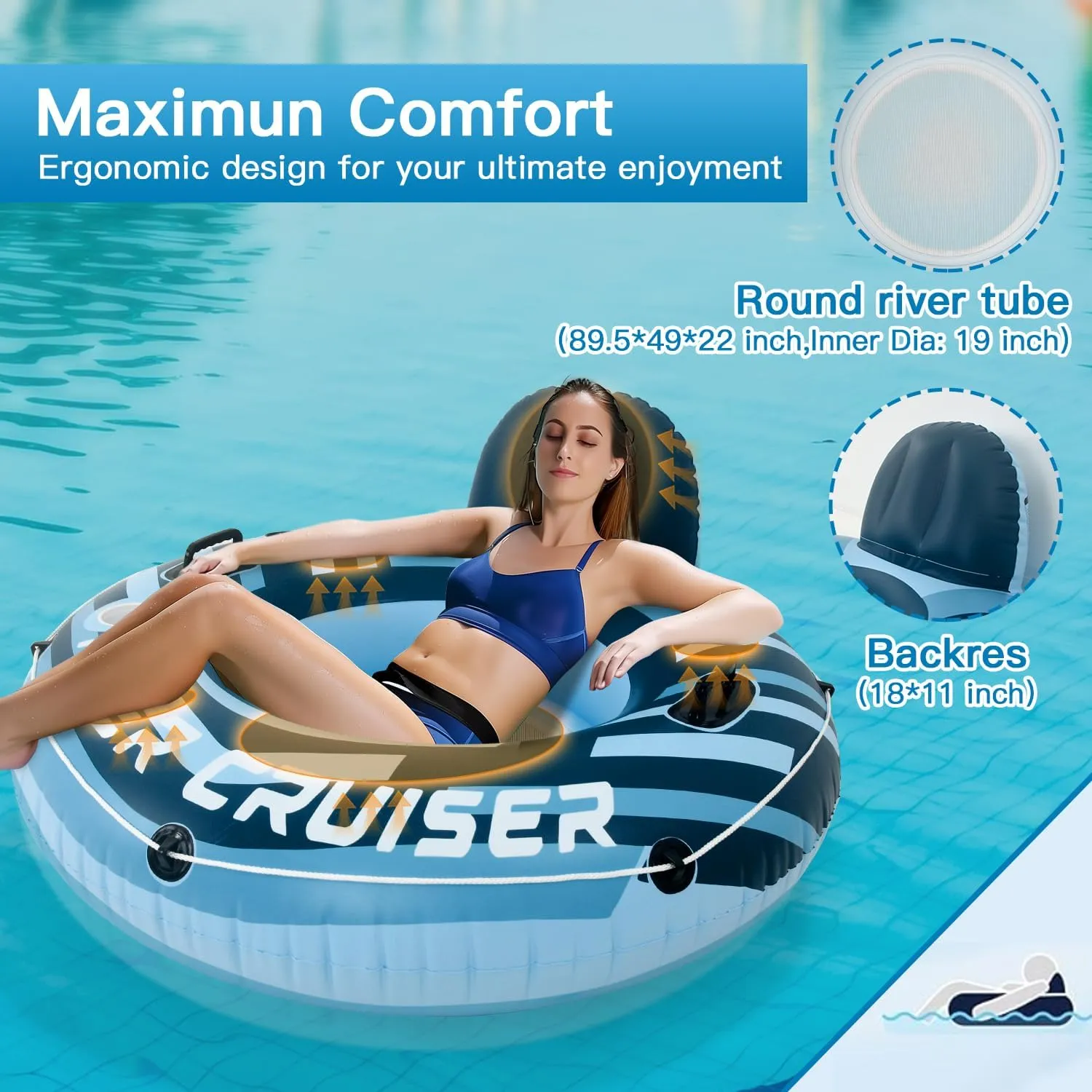 2025 Upgrade River Tube Floats for Adults Heavy Duty Pool Floats Inflatable Water Tube with Cup Holeder, Drink Cooler and Mesh Bottom Backrest (2 Pack Single/Double)