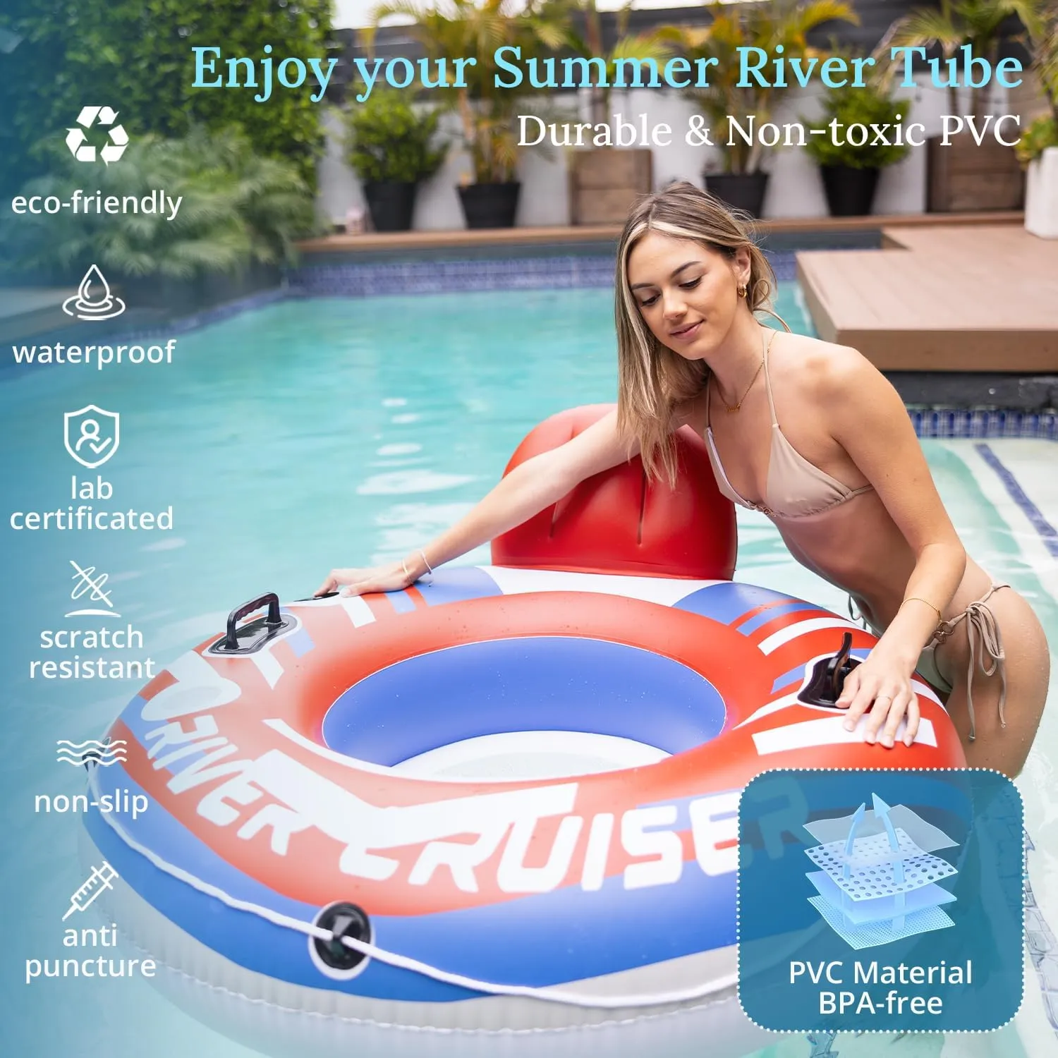 2025 Upgrade River Tube Floats for Adults Heavy Duty Pool Floats Inflatable Water Tube with Cup Holeder, Drink Cooler and Mesh Bottom Backrest (2 Pack Single/Double)