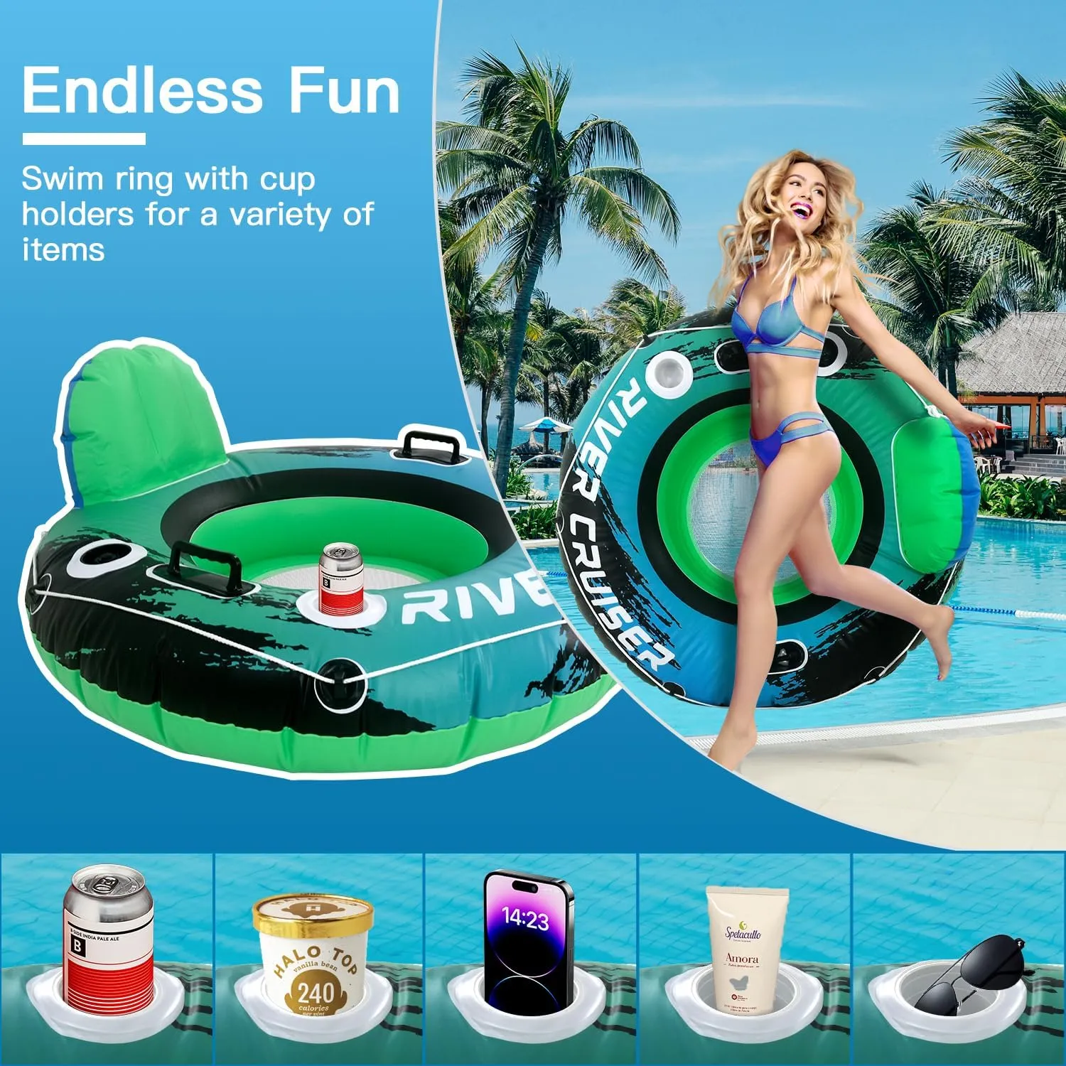 2025 Upgrade River Tube Floats for Adults Heavy Duty Pool Floats Inflatable Water Tube with Cup Holeder, Drink Cooler and Mesh Bottom Backrest (2 Pack Single/Double)