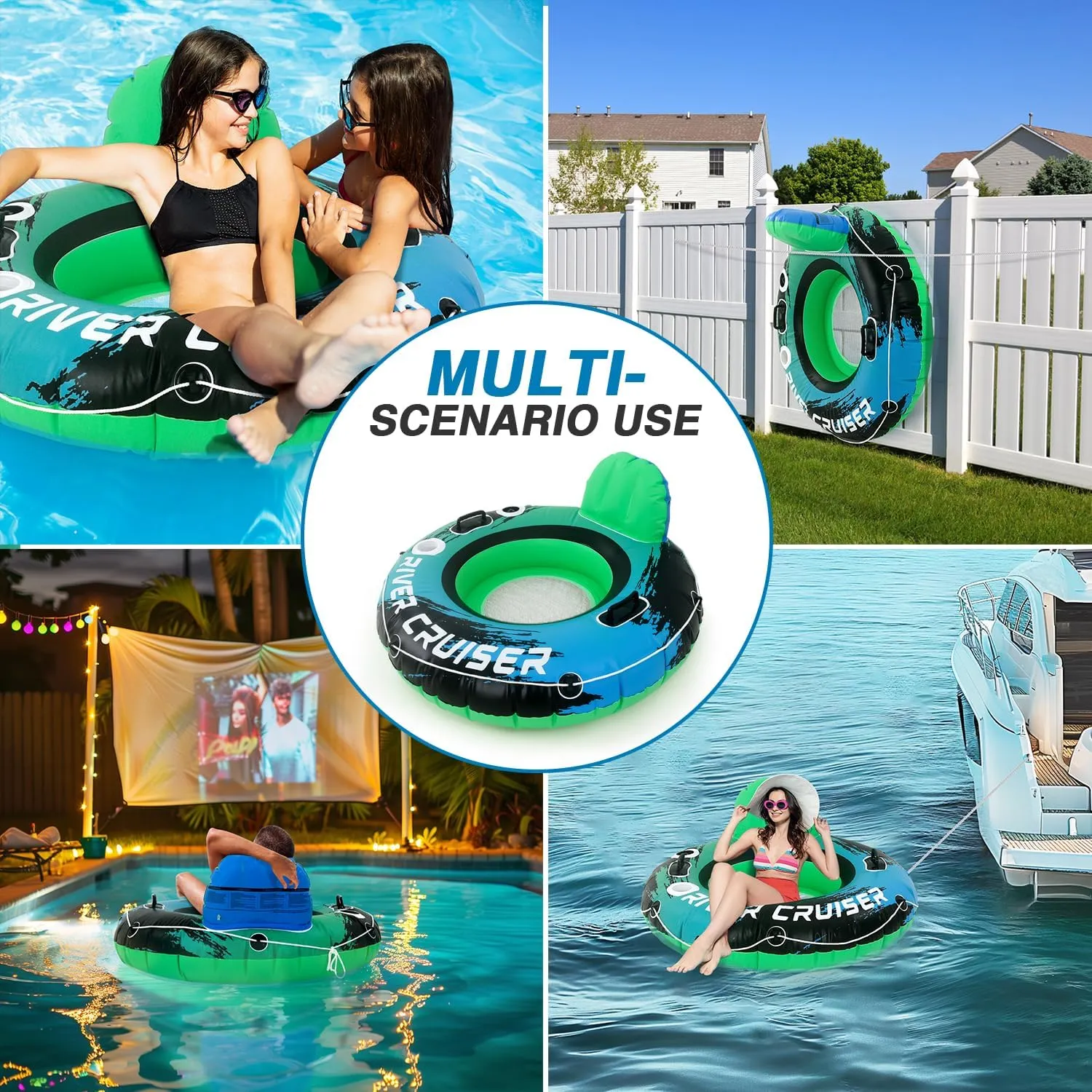 2025 Upgrade River Tube Floats for Adults Heavy Duty Pool Floats Inflatable Water Tube with Cup Holeder, Drink Cooler and Mesh Bottom Backrest (2 Pack Single/Double)