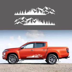 (2pcs) Mountain Tree Forest Graphic Car Sticker Waterproof Sunscreen Decorative Side Door Vinyl Decal Accessories for Pickup Truck SUV Off-Road RV Camper Transporter (Glossy White)