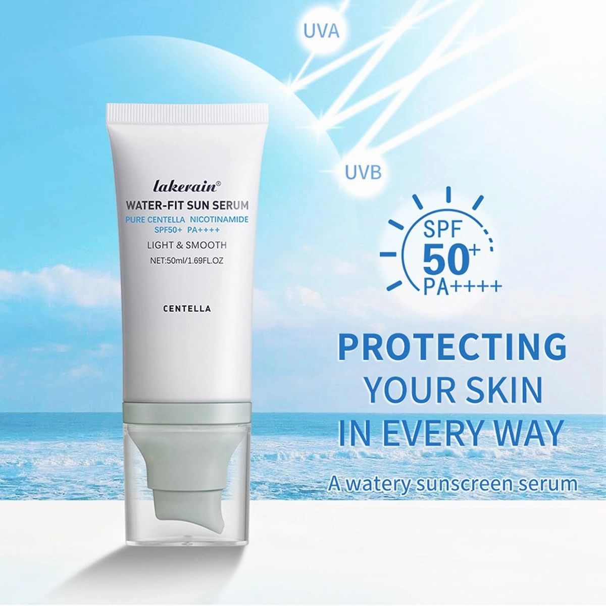 2PCS Centella Sunscreen SPF 50,Face Sun Screen Long-Lasting Protection,Madagascar Sunscreen,NO White Cast - Dry Oily Skincare,Moisturizing Non-Sticky Centella Water-Fit Sun Serum for All Skin. (Blue)