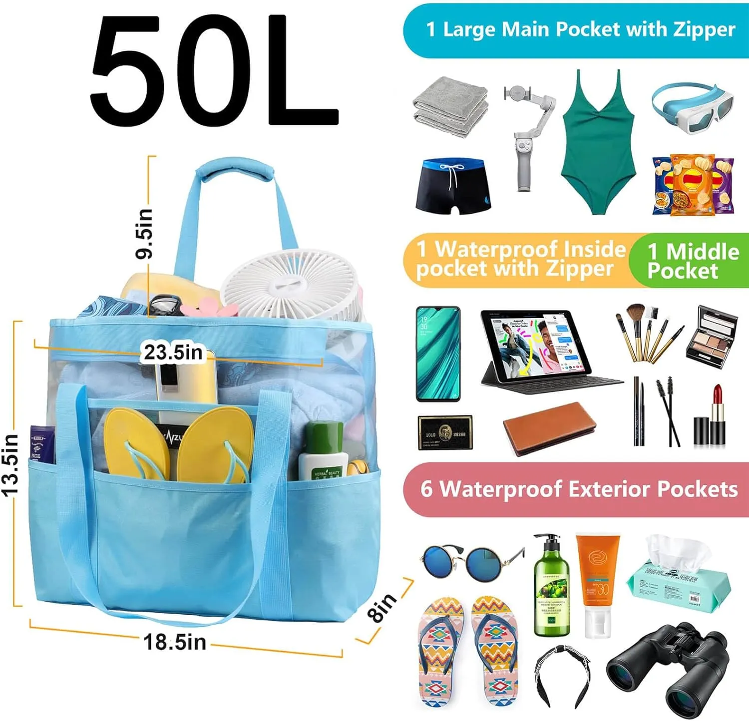 50L Mesh Beach Bag Extra Large, Durable Lightweight Reusable Beach Tote Pool Travel Foldable Carryall with Zipper
