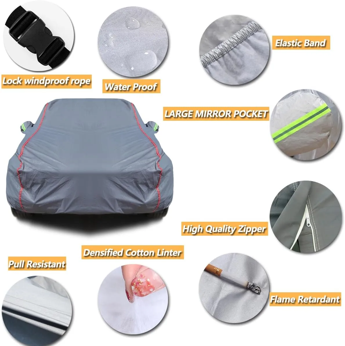 6-Layers PEVA New Material Sedan SUV Full Padded Car Cover Waterproof All Weather Weatherproof UV Sun Protection Snow Dust Storm Resistant Outdoor Exterior Custom Form-Fit Straps 188"-198" Grey