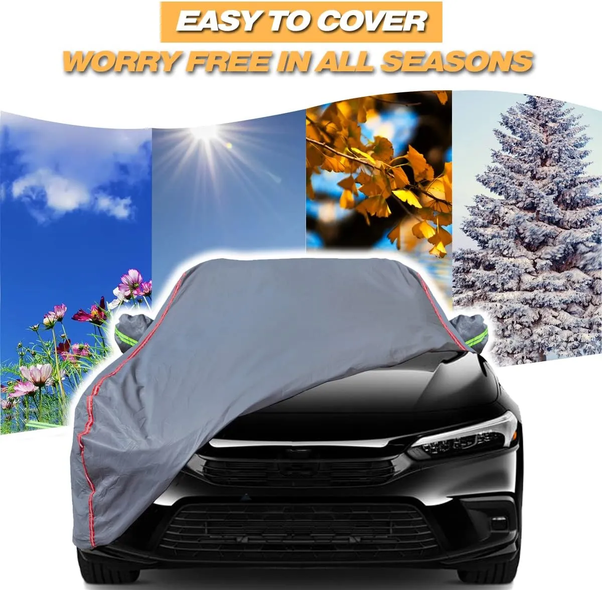 6-Layers PEVA New Material Sedan SUV Full Padded Car Cover Waterproof All Weather Weatherproof UV Sun Protection Snow Dust Storm Resistant Outdoor Exterior Custom Form-Fit Straps 188"-198" Grey
