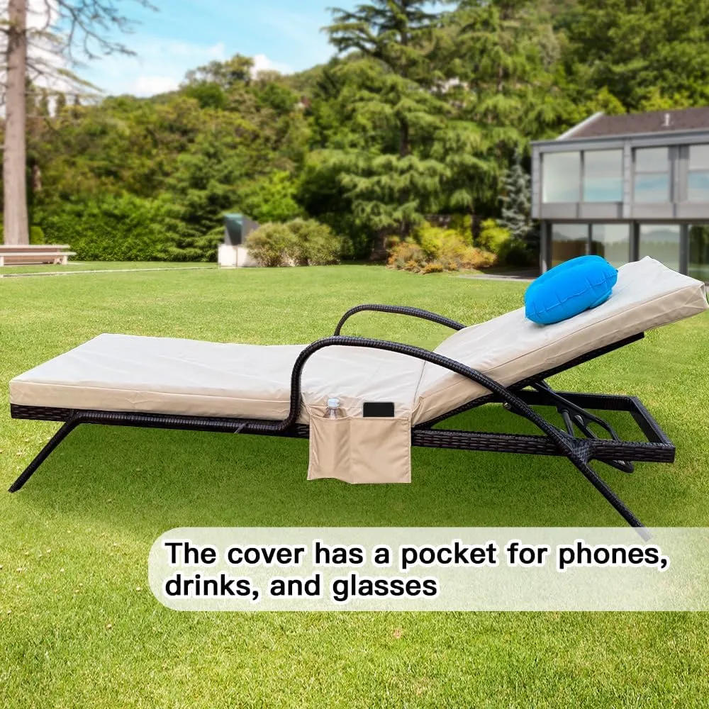 72 x 21 x 3 Inch Outdoor chaise lounge cushion Covers Only (Not Includes Cushion) Waterproof Outdoor Patio lounge chair cushion Slipcover，Anti-Slip Backing Design & Convenient Phone Pocket（Khaki）