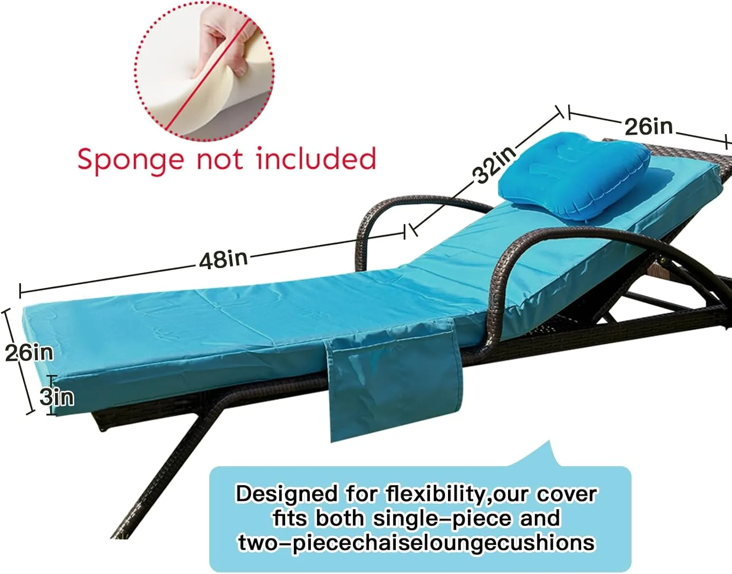 80 x 26 x 3 Inch Outdoor chaise lounge cushion Covers Only (Not Includes Cushion) Waterproof Outdoor Patio lounge chair cushion Slipcover，Anti-Slip Backing Design & Convenient Phone Pocket（Blue）