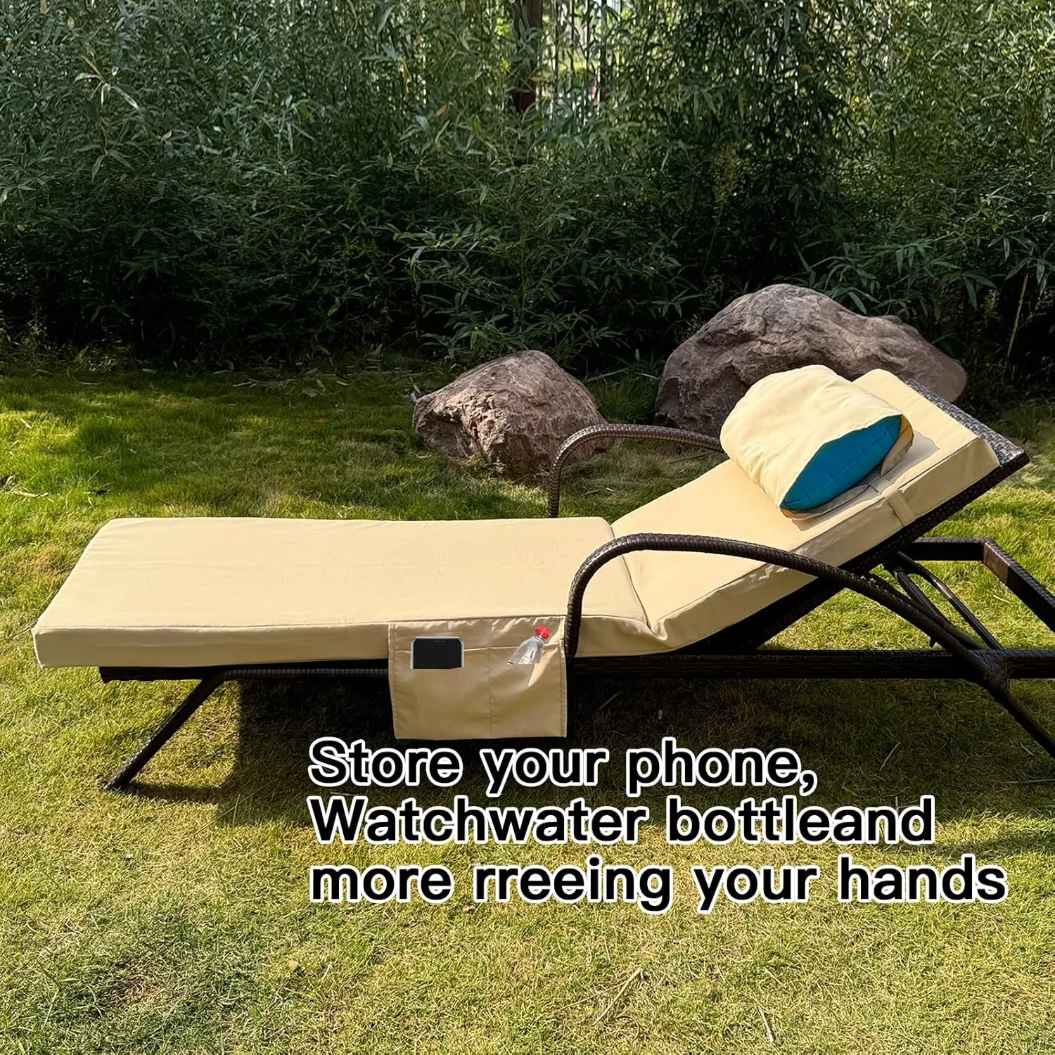 80 x 26 x 3 Inch Outdoor chaise lounge cushion Covers Only (Not Includes Cushion) Waterproof Outdoor Patio lounge chair cushion Slipcover，Anti-Slip Backing Design & Convenient Phone Pocket（LightKhaki）