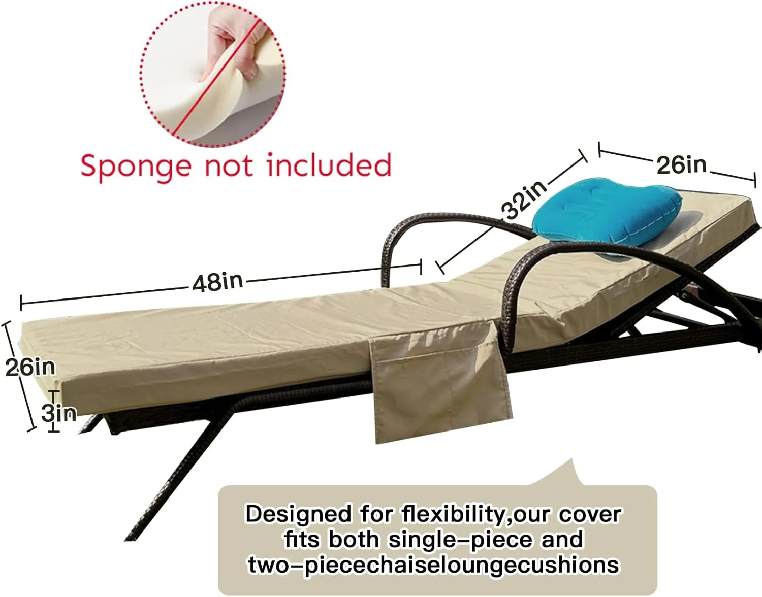 80 x 26 x 3 Inch Outdoor chaise lounge cushion Covers Only (Not Includes Cushion) Waterproof Outdoor Patio lounge chair cushion Slipcover，Anti-Slip Backing Design & Convenient Phone Pocket（LightKhaki）