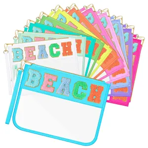 Abbylike 12 Pcs Snack Bags Clear Chenille Letter Zipper Pouch Waterproof PVC Large Bag Travel Makeup Cosmetic Storage Organizer for Mom Team Cheerleaders Teacher (Multicolor,Beach)