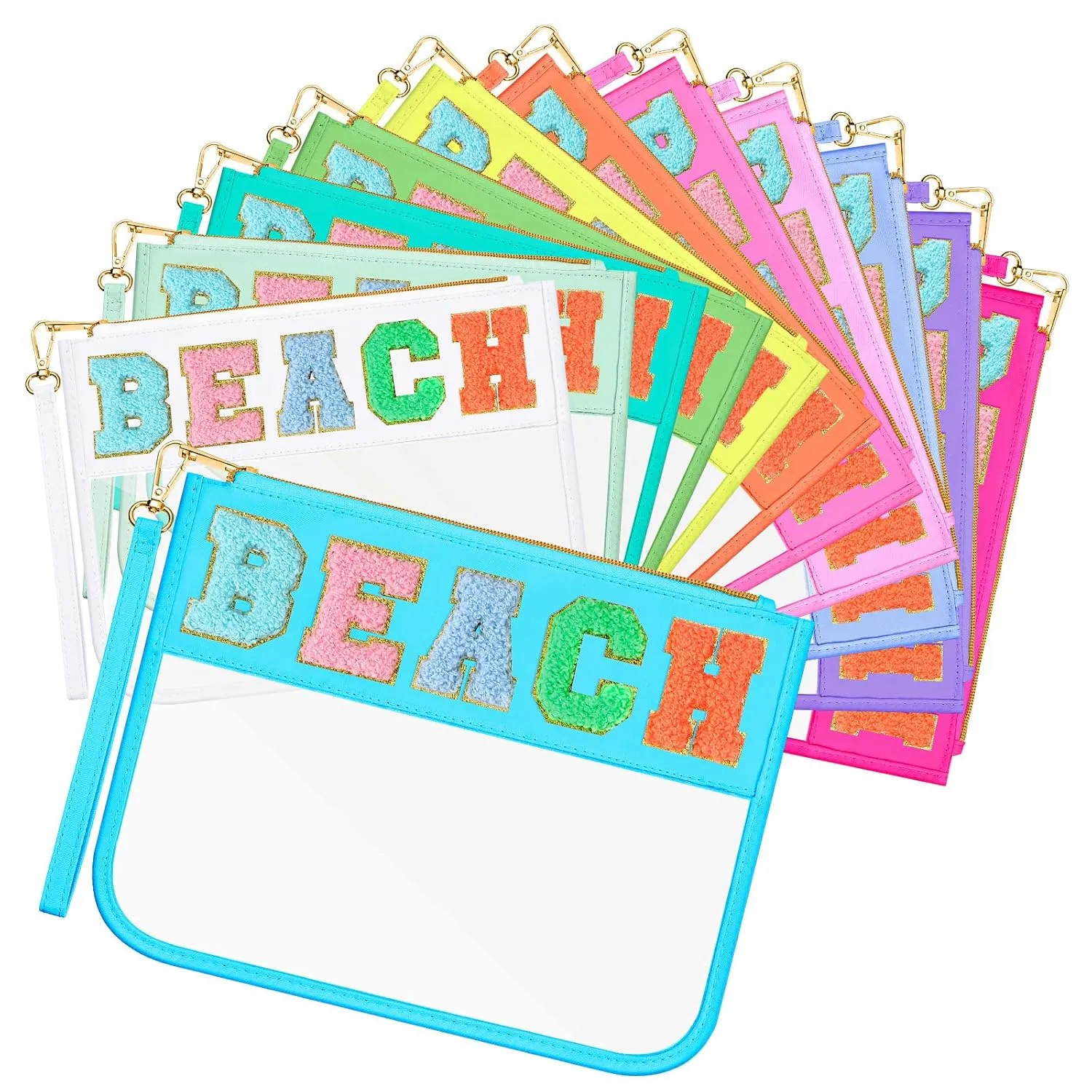 Abbylike 12 Pcs Snack Bags Clear Chenille Letter Zipper Pouch Waterproof PVC Large Bag Travel Makeup Cosmetic Storage Organizer for Mom Team Cheerleaders Teacher (Multicolor,Beach)