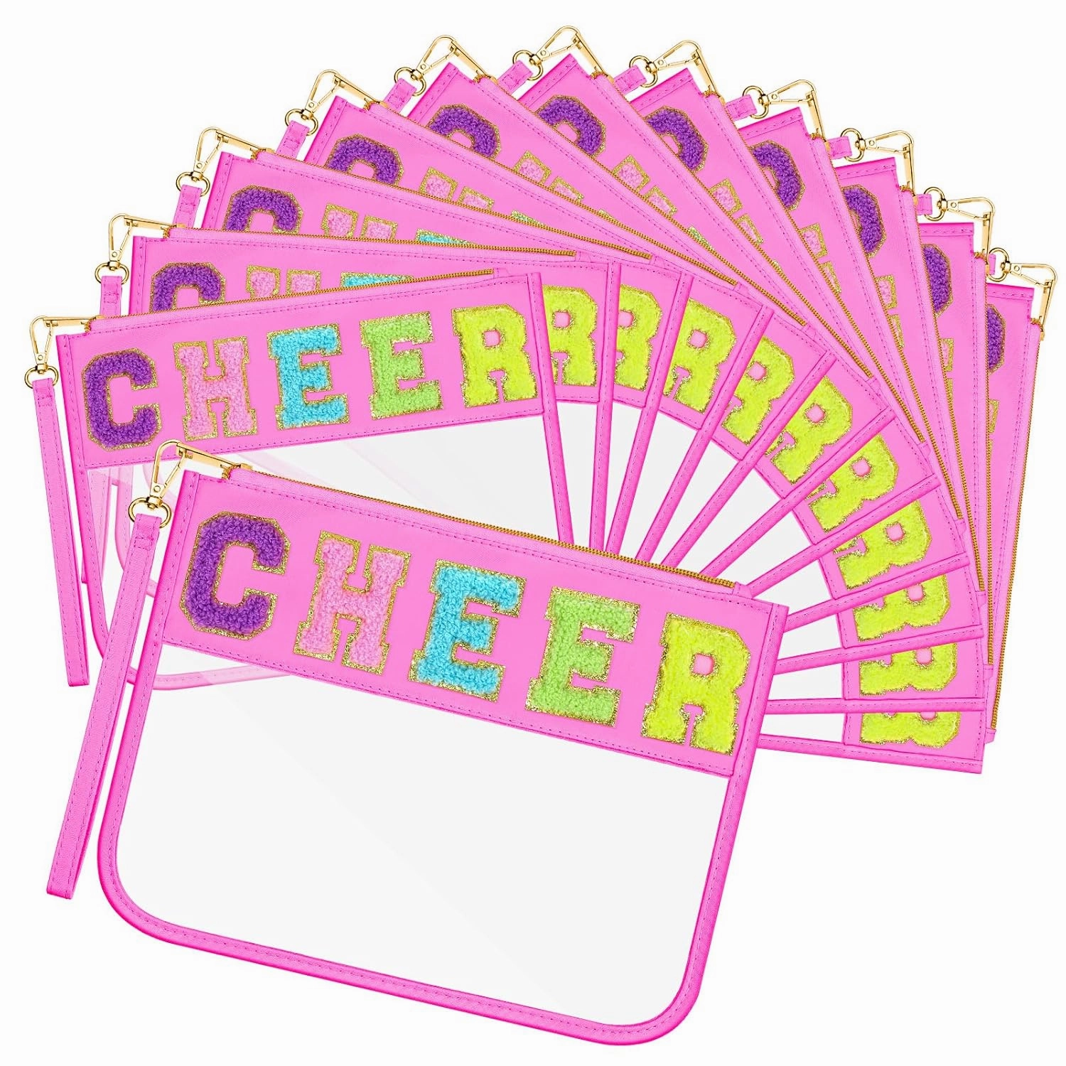 Abbylike 12 Pcs Snack Bags Clear Chenille Letter Cheer Zipper Pouch Waterproof PVC Large Travel Makeup Cosmetic Storage Organizer Bag for Mom Team Cheerleaders Teacher (Pink)