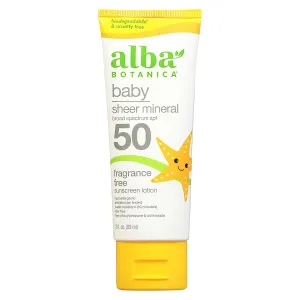 Alba Botanica Baby Sunscreen for Face and Body, Sheer Mineral Sunscreen Lotion, Broad Spectrum SPF 50, Water Resistant and Fragrance-Free, 3 Fl Oz (Packaging May Vary)