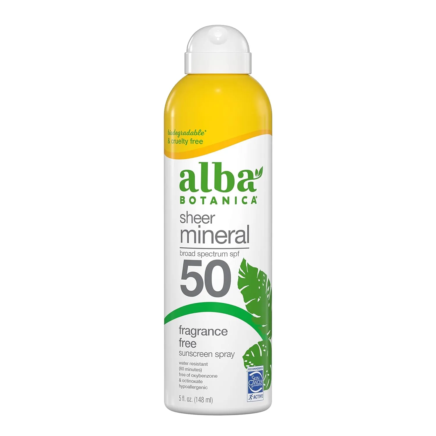 Alba Botanica Sheer Mineral Sunscreen Spray, SPF 50, Fragrance-Free Broad Spectrum, Water Resistant and Biodegradable, 5 fl. Oz. Bottle