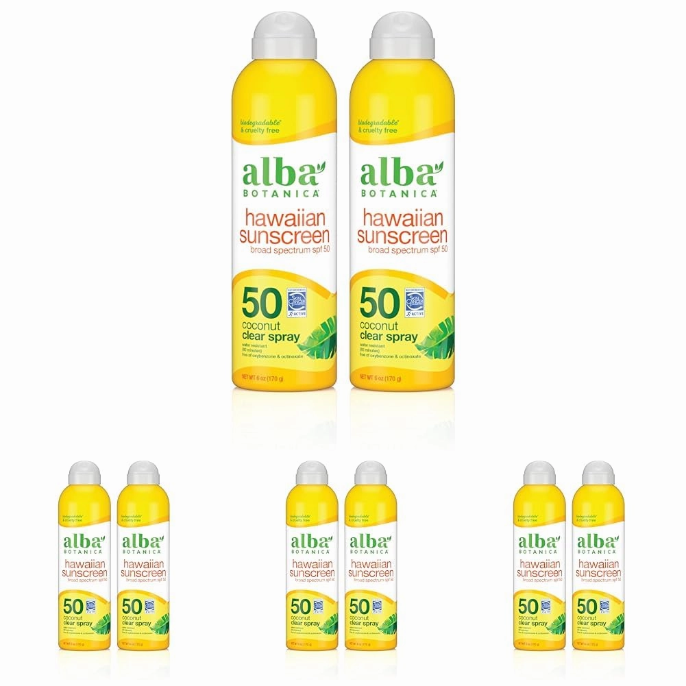 Alba Botanica Sunscreen Spray for Face and Body, Broad Spectrum SPF 50 Sunscreen, Hawaiian Coconut, Water Resistant and Biodegradable, 6 fl. oz. Bottle (Pack of 8)