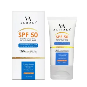 Almoes Mineral Sunscreen SPF 50 – Broad Spectrum, Daily Facial Protection with Niacinamide & Centella Asiatica, Lightweight & Non-Greasy, 50g