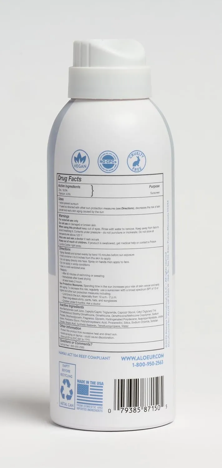 Aloe Up Continuous Mineral Sunscreen Spray SPF 50- Alcohol-Free Broad Spectrum UVA/UVB Sunscreen Protector for Face and Body - With Gen2 Zinc Oxide and Aloe Vera - Dries Clear - Reef Safe - 4.5 Oz