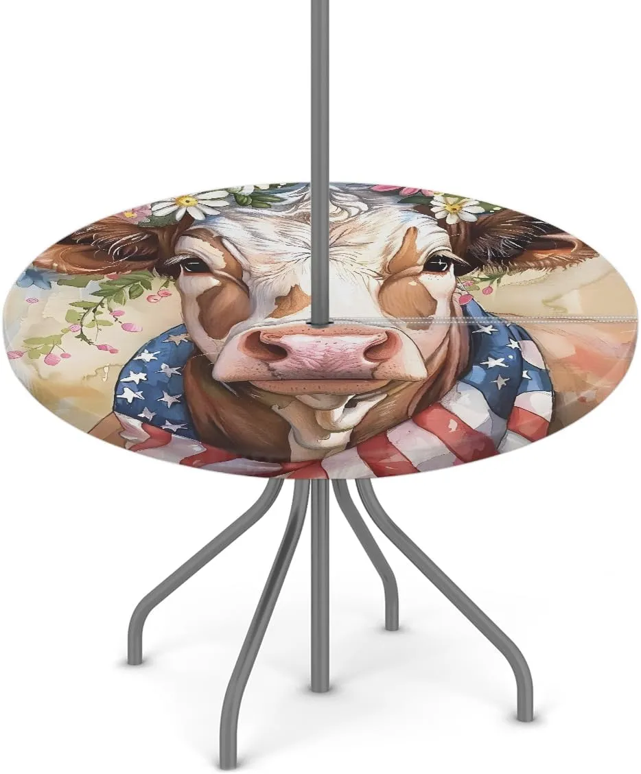 American Flag Alpine Cow Outdoor Round Tablecloth with Umbrella Hole Fitted Circle Table Cloth with Elastic Edge Ootdoor Round Table Cover for Patio Party Picnic Decor fit 36-44in