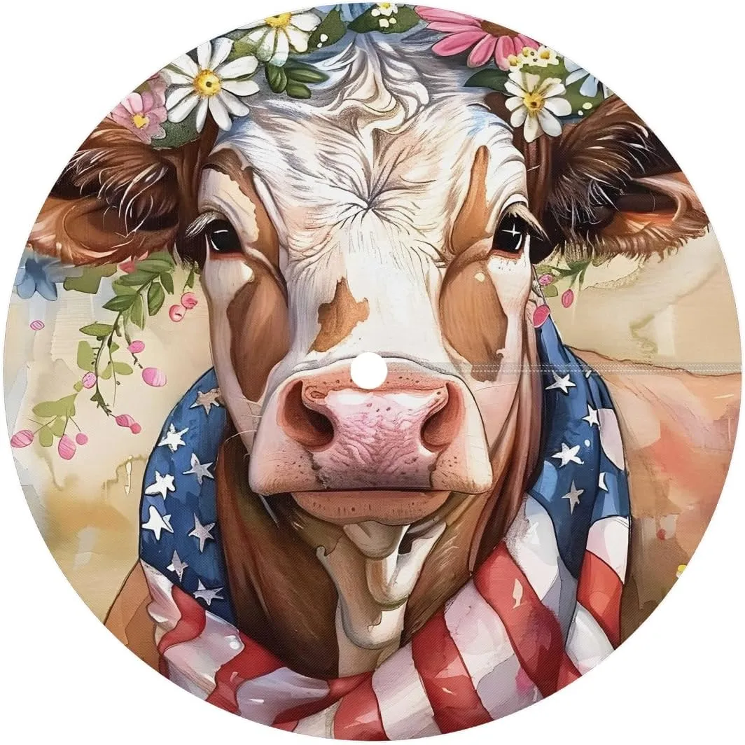 American Flag Alpine Cow Outdoor Round Tablecloth with Umbrella Hole Fitted Circle Table Cloth with Elastic Edge Ootdoor Round Table Cover for Patio Party Picnic Decor fit 36-44in
