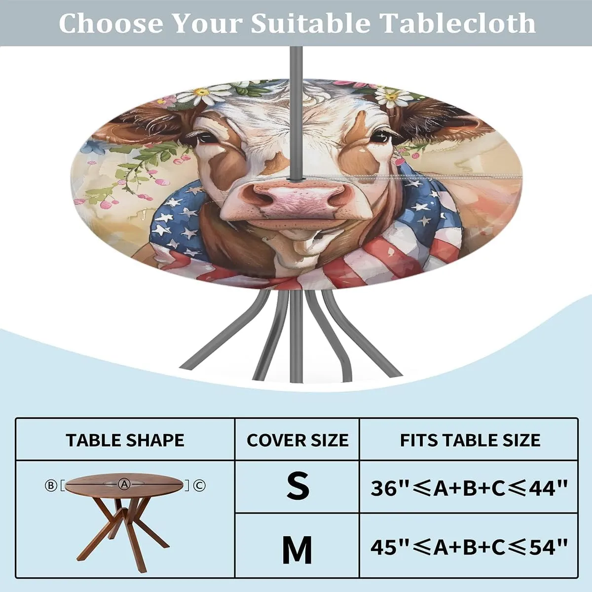 American Flag Alpine Cow Outdoor Round Tablecloth with Umbrella Hole Fitted Circle Table Cloth with Elastic Edge Ootdoor Round Table Cover for Patio Party Picnic Decor fit 36-44in