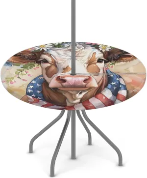 American Flag Alpine Cow Outdoor Round Tablecloth with Umbrella Hole Fitted Circle Table Cloth with Elastic Edge Ootdoor Round Table Cover for Patio Party Picnic Decor fit 36-44in