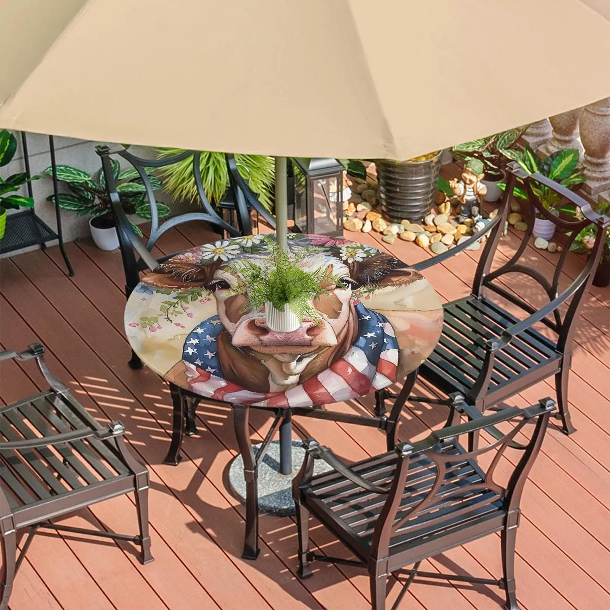 American Flag Alpine Cow Outdoor Round Tablecloth with Umbrella Hole Fitted Circle Table Cloth with Elastic Edge Ootdoor Round Table Cover for Patio Party Picnic Decor fit 36-44in