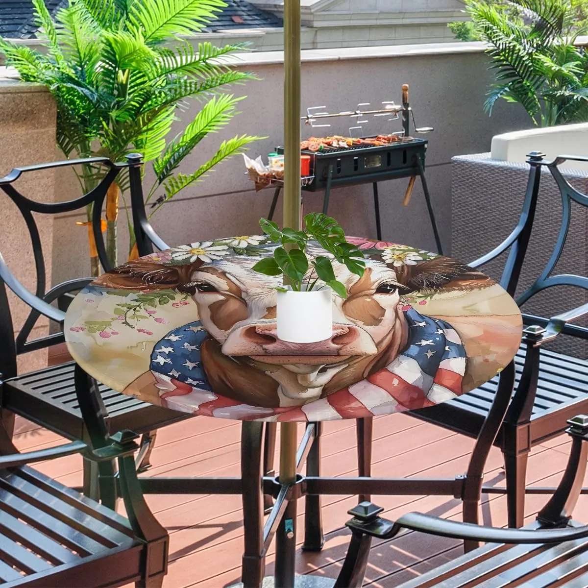American Flag Alpine Cow Outdoor Round Tablecloth with Umbrella Hole Fitted Circle Table Cloth with Elastic Edge Ootdoor Round Table Cover for Patio Party Picnic Decor fit 36-44in