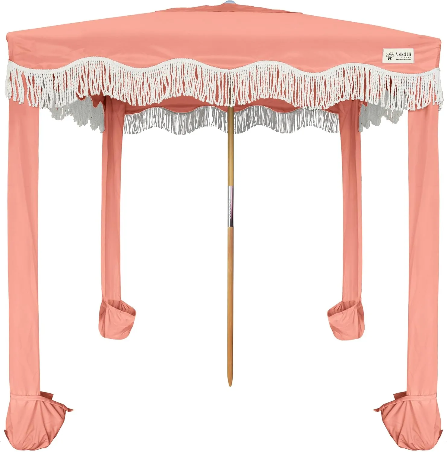 AMMSUN Beach Cabana with Fringe, 6'×6' Boho Beach Canopy with Tassels, Easy Set up & Premium Wood Pole, Cabana Tent with Sand Pockets, Instant Sun Shade for Sand, Garden, Patio, Coral Pink
