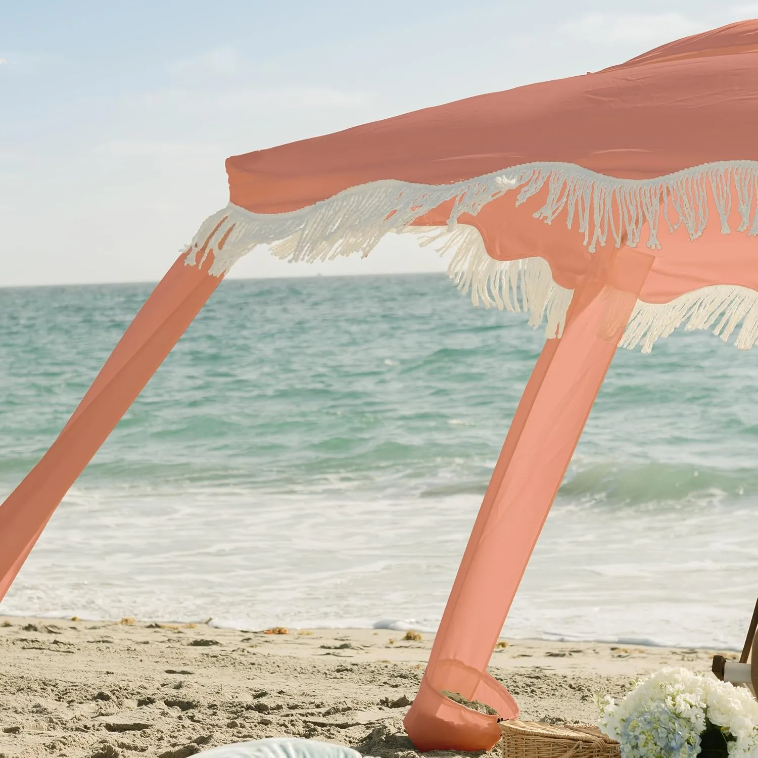 AMMSUN Beach Cabana with Fringe, 6'×6' Boho Beach Canopy with Tassels, Easy Set up & Premium Wood Pole, Cabana Tent with Sand Pockets, Instant Sun Shade for Sand, Garden, Patio, Coral Pink