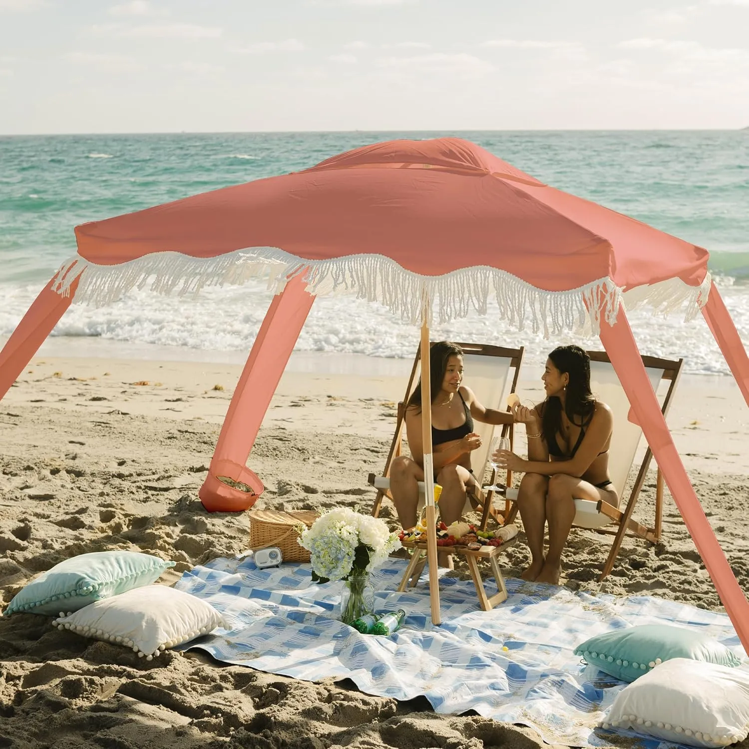 AMMSUN Beach Cabana with Fringe, 6'×6' Boho Beach Canopy with Tassels, Easy Set up & Premium Wood Pole, Cabana Tent with Sand Pockets, Instant Sun Shade for Sand, Garden, Patio, Coral Pink