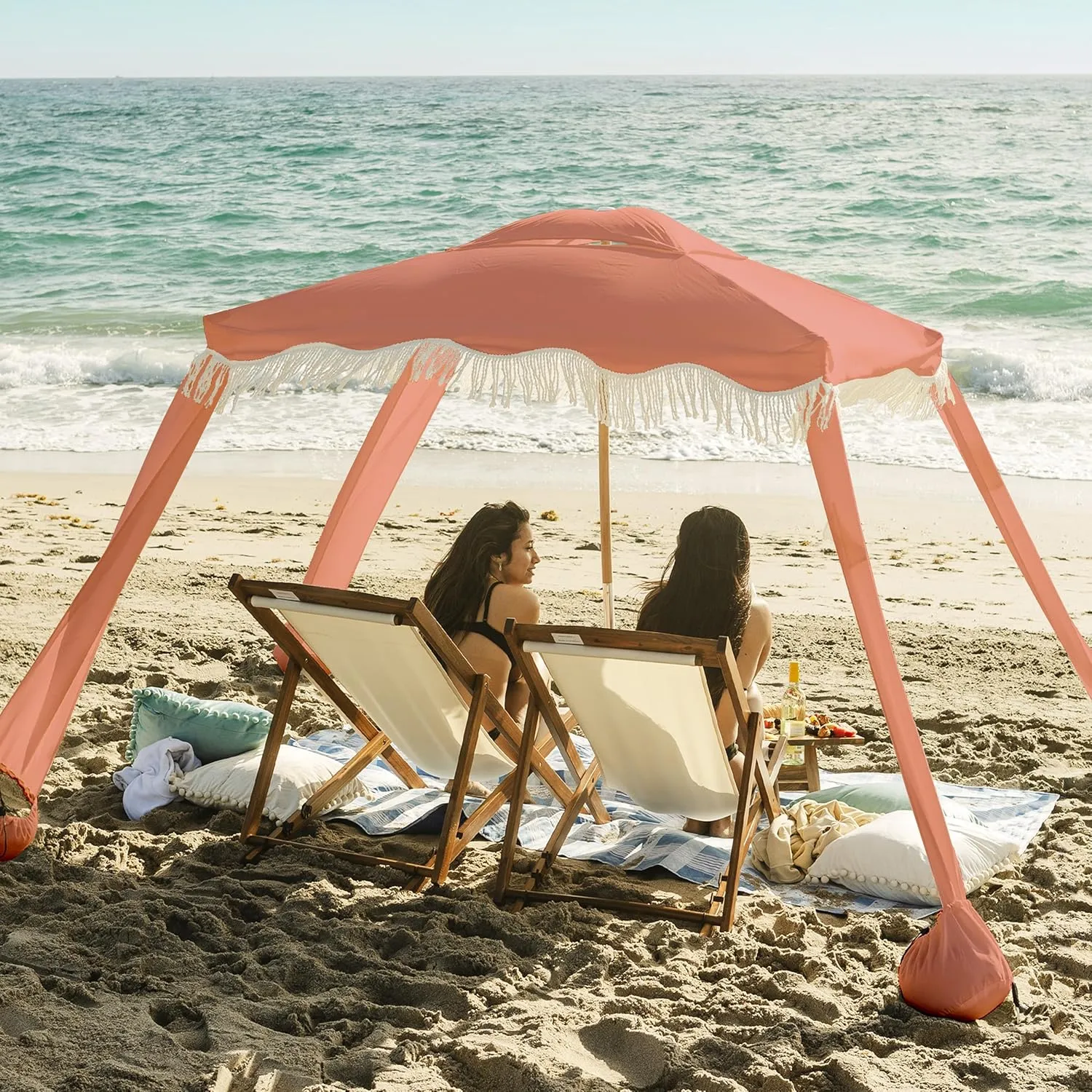 AMMSUN Beach Cabana with Fringe, 6'×6' Boho Beach Canopy with Tassels, Easy Set up & Premium Wood Pole, Cabana Tent with Sand Pockets, Instant Sun Shade for Sand, Garden, Patio, Coral Pink