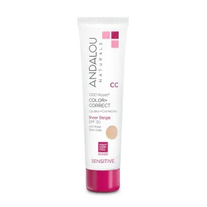 Andalou Naturals 1000 Roses CC Color   Correct with SPF 30, Sheer Beige, 2-in-1 Face Sunscreen   CC Cream for Sensitive Skin, Helps Correct Uneven Skin Tone, Reef Safe Sunscreen, 2 Fl Oz