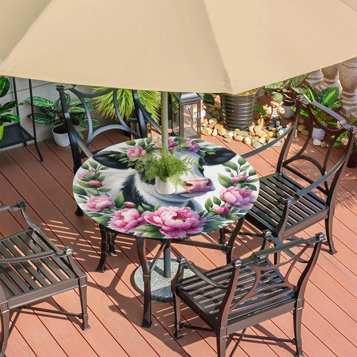 Animal Flower Alpine Cattle Outdoor Round Tablecloth with Umbrella Hole Fitted Circle Table Cloth with Elastic Edge Ootdoor Round Table Cover for Patio Party Picnic Decor fit 45-56inch