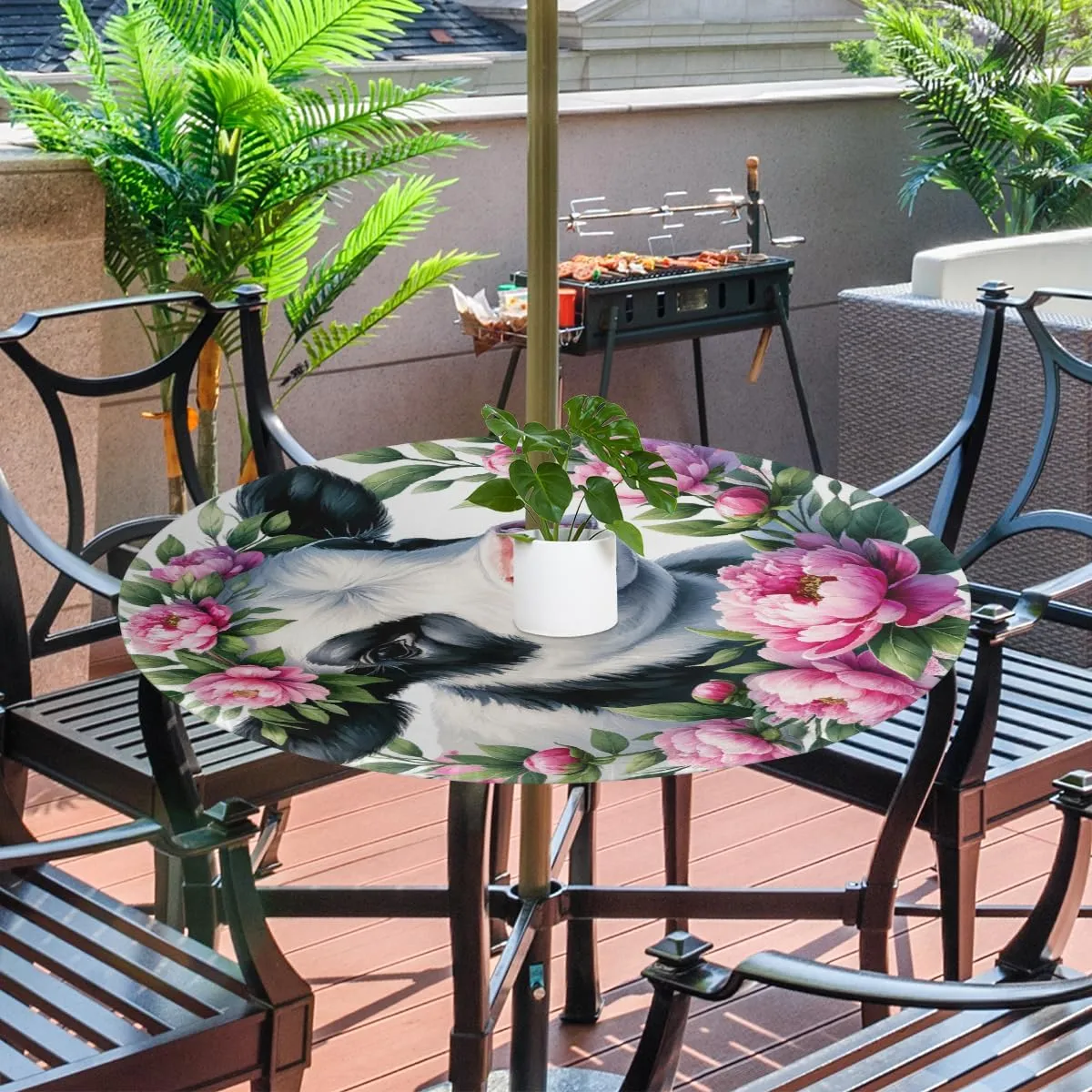 Animal Flower Alpine Cattle Outdoor Round Tablecloth with Umbrella Hole Fitted Circle Table Cloth with Elastic Edge Ootdoor Round Table Cover for Patio Party Picnic Decor fit 45-56inch