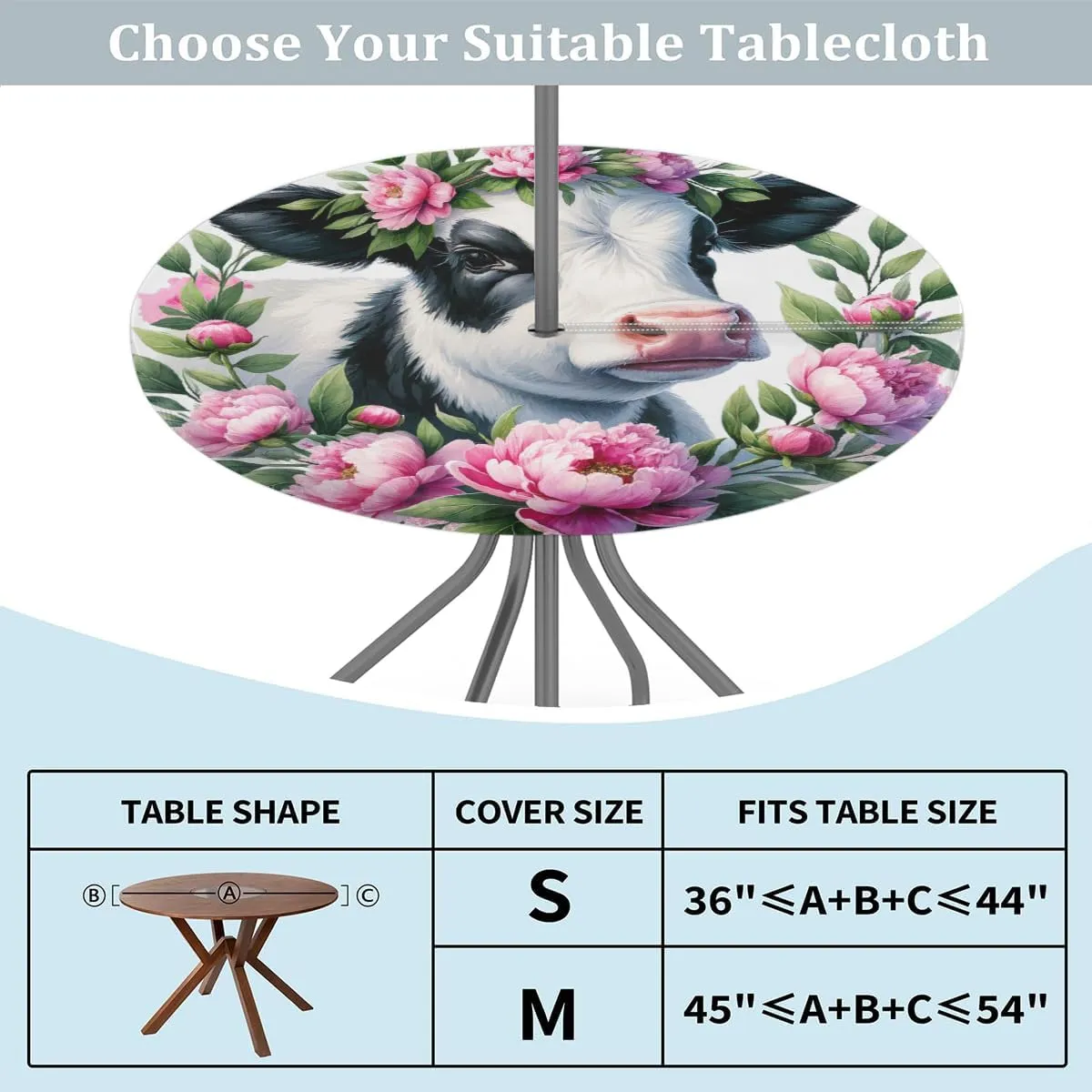 Animal Flower Alpine Cattle Outdoor Round Tablecloth with Umbrella Hole Fitted Circle Table Cloth with Elastic Edge Ootdoor Round Table Cover for Patio Party Picnic Decor fit 45-56inch