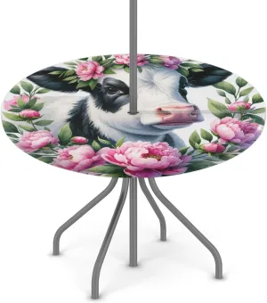 Animal Flower Alpine Cattle Outdoor Round Tablecloth with Umbrella Hole Fitted Circle Table Cloth with Elastic Edge Ootdoor Round Table Cover for Patio Party Picnic Decor fit 45-56inch